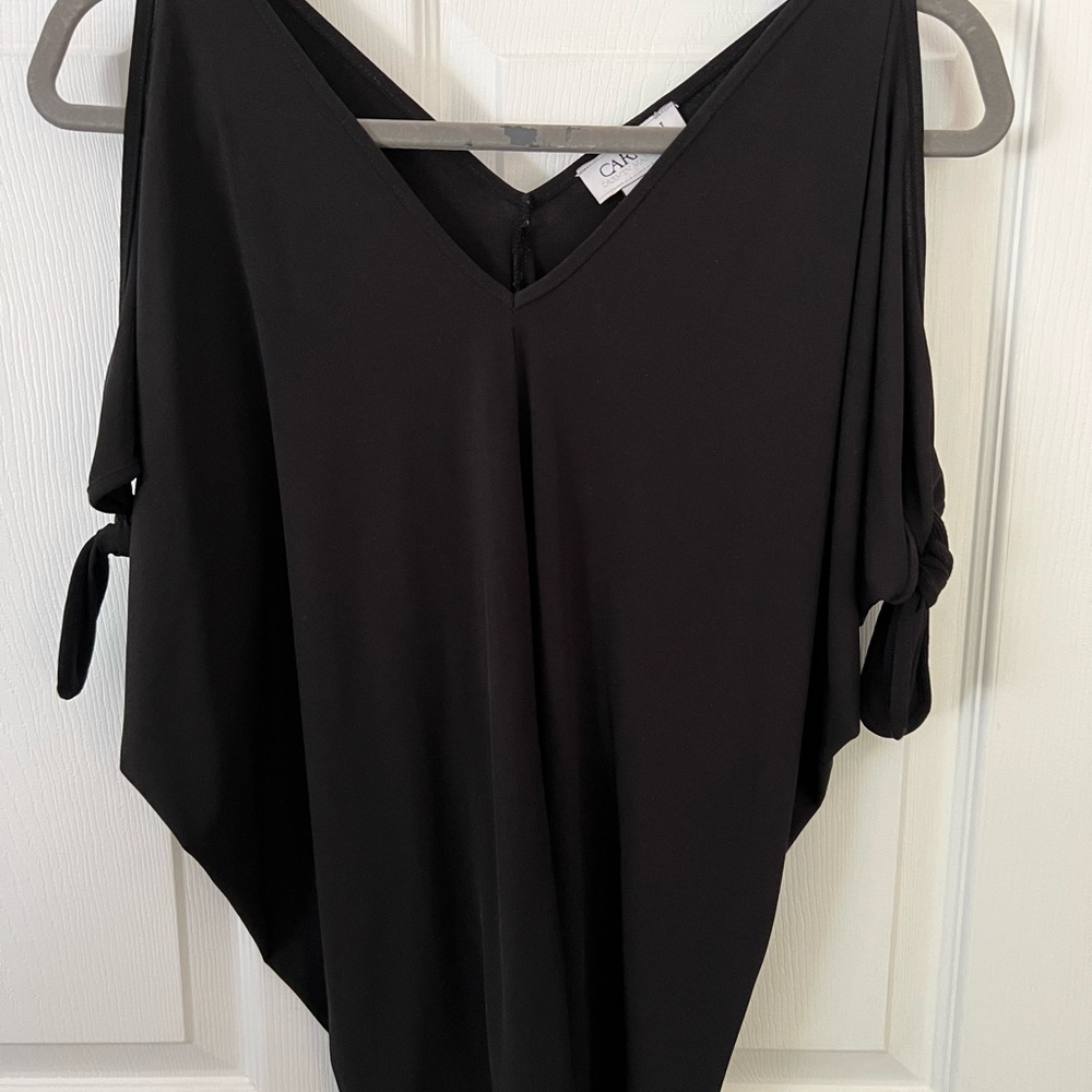 Women's Black V-Neck tie peak a boo sleeve Top